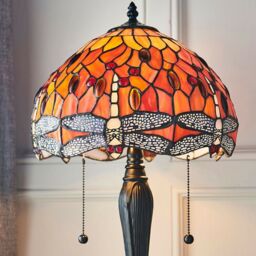 Loops Tiffany Glass Table Lamp Light Dark Bronze Base & Orange Dragonfly Shade i00196 - thumbnail 4