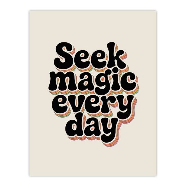 "Artery8 Seek Magic Every Day Funky Retro Typography Wall Art Print in Beige - Size: W24"" x H32""" - image 1