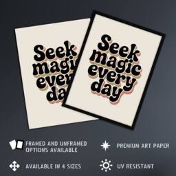 "Artery8 Seek Magic Every Day Funky Retro Typography Wall Art Print in Beige - Size: W24"" x H32""" - thumbnail 2