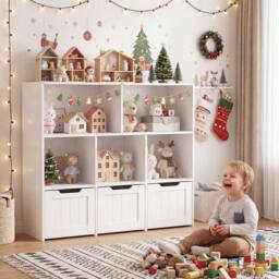 CASART Wooden Toy Storage Organizer Kids with 5 Open Cubes 3 Movable Drawers in White - thumbnail 9