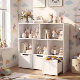CASART Wooden Toy Storage Organizer Kids with 5 Open Cubes 3 Movable Drawers in White - thumbnail 3