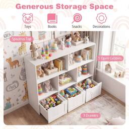 CASART Wooden Toy Storage Organizer Kids with 5 Open Cubes 3 Movable Drawers in White - thumbnail 5