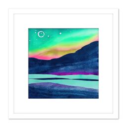 Artery8 Northern Lights Aurora Borealis Midnight Sun Mountain Landscape Square Wooden Framed Wall Art Print Picture 8X8 Inch in White - thumbnail 1