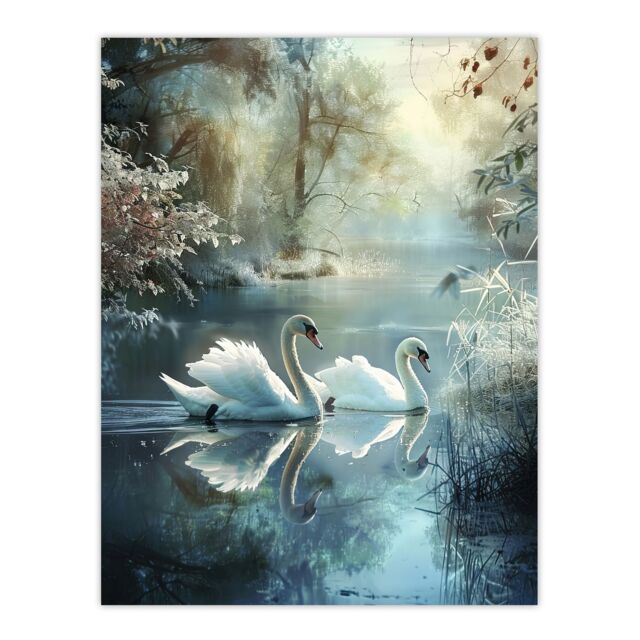 "Artery8 Graceful Swans Tranquil Winter Lake Painting Wall Art Print in Blue - Size: W24"" x H32""" - image 1