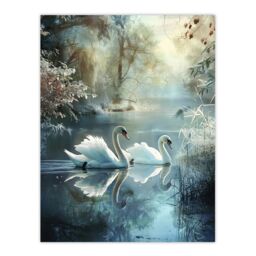 "Artery8 Graceful Swans Tranquil Winter Lake Painting Wall Art Print in Blue - Size: W24"" x H32""" - thumbnail 1