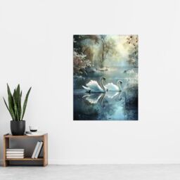 "Artery8 Graceful Swans Tranquil Winter Lake Painting Wall Art Print in Blue - Size: W24"" x H32""" - thumbnail 4