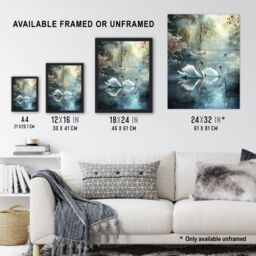 "Artery8 Graceful Swans Tranquil Winter Lake Painting Wall Art Print in Blue - Size: W24"" x H32""" - thumbnail 3