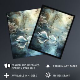 "Artery8 Graceful Swans Tranquil Winter Lake Painting Wall Art Print in Blue - Size: W24"" x H32""" - thumbnail 2
