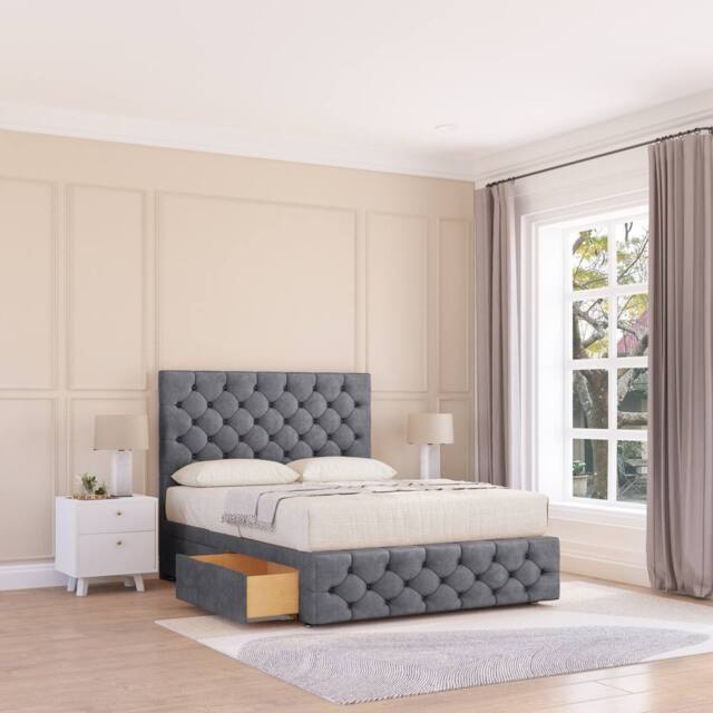 "Sloomy Watson Divan Bed Base 2 Drawers 12"" Footboard & 26"" Strutted Headboard in Dark Grey - Size: Double" - image 1