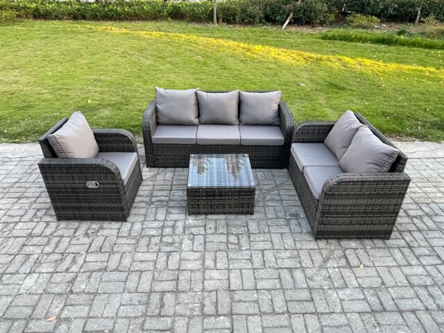 Fimous Rattan Garden Furniture 4 Piece Patio Set With Table Sofa Square Coffee Table Reclining Chair Loveseat sofa in Dark Grey - image 1