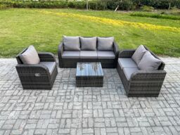 Fimous Rattan Garden Furniture 4 Piece Patio Set With Table Sofa Square Coffee Table Reclining Chair Loveseat sofa in Dark Grey - thumbnail 1