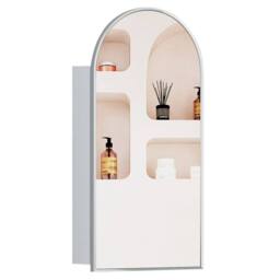 KEEPREAPER Brushed Nickel Arched Bathroom Mirror Cabinet 40x80cm Metal Frame in Silver - Size: 40x80 cm