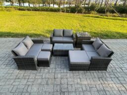 Fimous 8pc Rattan Sofa Garden Furniture Outdoor Patio Set with Side Table 3 Footstools Double Seat Sofa Dark Grey Mixed - thumbnail 2