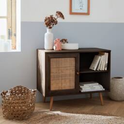 sweeek 80cm scandi-style storage cabinet with wooden & cane rattan in Dark Brown - thumbnail 1