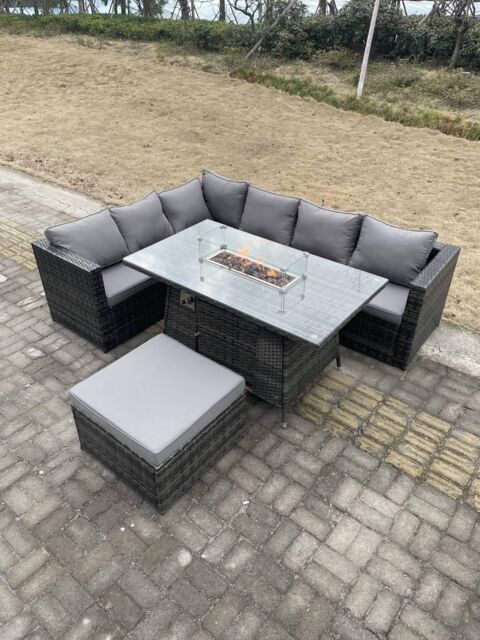 Fimous Rattan Corner Sofa Set Gas Firepit Dining Table Set Patio Heater Burner With Big Footstool Dark Grey - image 1