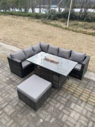 Fimous Rattan Corner Sofa Set Gas Firepit Dining Table Set Patio Heater Burner With Big Footstool Dark Grey - thumbnail 3