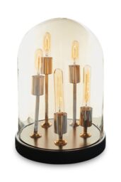 Orsina Amber Glass Dome Table Lamp, Antique Wood Base With Brass Holders, Elegant Cylindrical Bulb Design in Gold