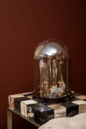 Orsina Amber Glass Dome Table Lamp, Antique Wood Base With Brass Holders, Elegant Cylindrical Bulb Design in Gold - thumbnail 2
