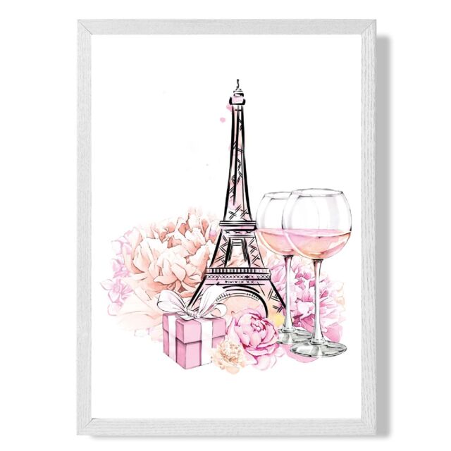 ARTZE Eiffel Tower & Peonies Fashion Illustration Framed Print SIZE: A2 with White Frame in Pink - Size: A4 - image 1