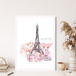 ARTZE Eiffel Tower & Peonies Fashion Illustration Framed Print SIZE: A2 with White Frame in Pink - Size: A4 - thumbnail 2