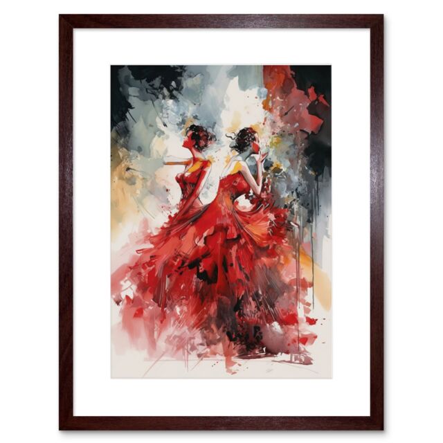 Artery8 Wall Art Print Flamenco Music Female Dancers Dancing on Stage in Red Dresses Modern Watercolour Painting Artwork Framed 9X7 Inch - image 1