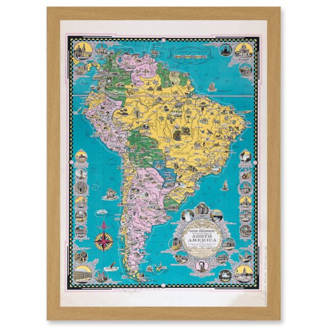 Artery8 Chase 1942 Pictorial Map South America Historic Monuments Buildings Artwork Framed Wall Art Print A4 in Light Oak - image 1