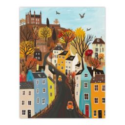 "Artery8 Wall Art Print Castle Hill Road Drive Autumn Tree Cityscape Poster in Blue - Size: W12"" x H16""" - thumbnail 1