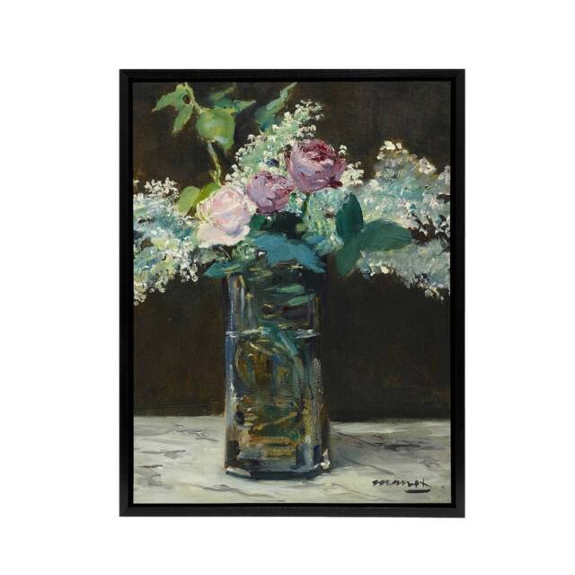 "Artery8 Vase of White Lilacs & Roses Manet Black Framed Canvas Wall Art - Size: W12"" x H16""" - image 1