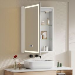 Living and Home Single-Door Bathroom Mirror Cabinet with LED Lighting and Clock in Silver - thumbnail 2
