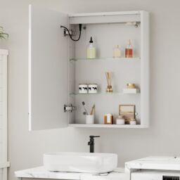 Living and Home Single-Door Bathroom Mirror Cabinet with LED Lighting and Clock in Silver - thumbnail 4