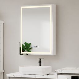 Living and Home Single-Door Bathroom Mirror Cabinet with LED Lighting and Clock in Silver - thumbnail 3