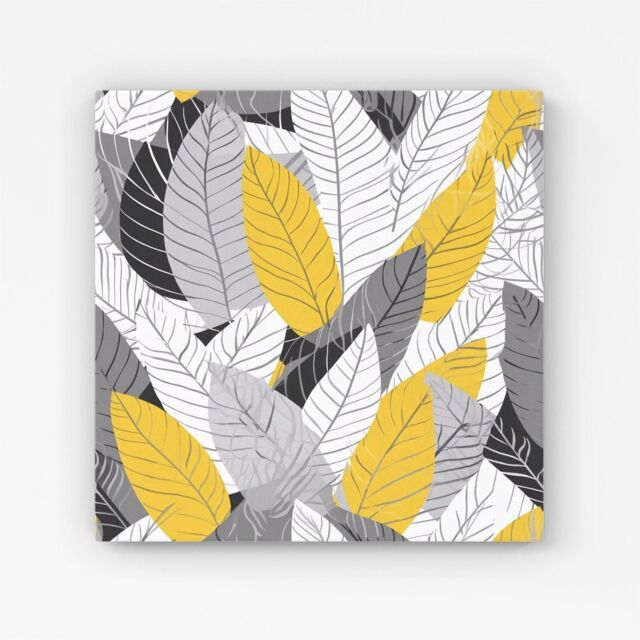 Warren Reed - Designer Yellow Grey Feather Leaves Canvas - Size: w10 inch x h10 inch - image 1