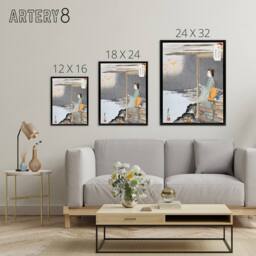 "Artery8 Woman Watching Fireworks Framed Canvas Wall Art Print Ogata Gekko in Orange - Size: W18"" x H24""" - thumbnail 4
