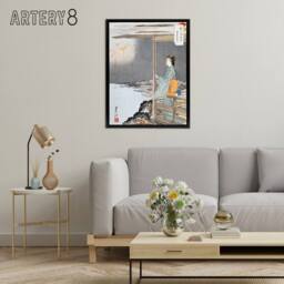 "Artery8 Woman Watching Fireworks Framed Canvas Wall Art Print Ogata Gekko in Orange - Size: W18"" x H24""" - thumbnail 3