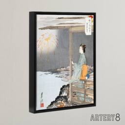 "Artery8 Woman Watching Fireworks Framed Canvas Wall Art Print Ogata Gekko in Orange - Size: W18"" x H24""" - thumbnail 2