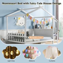 Gymax Double House Bed Frame with Desk Kids Bed with Roof Canopy & 2 Drawers in White - thumbnail 6