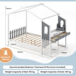 Gymax Double House Bed Frame with Desk Kids Bed with Roof Canopy & 2 Drawers in White - thumbnail 2