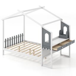 Gymax Double House Bed Frame with Desk Kids Bed with Roof Canopy & 2 Drawers in White - thumbnail 1