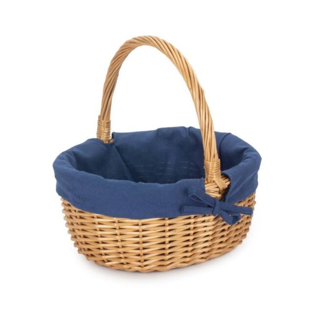 Red Hamper Cotton Lined Wicker Shopping Basket Buff Willow Oval Shopper in Navy - image 1