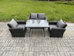 Fimous Outdoor Garden Furniture High Back Rattan Sofa Dining Table Set Dark Grey Mixed - thumbnail 2