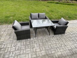 Fimous Outdoor Garden Furniture High Back Rattan Sofa Dining Table Set Dark Grey Mixed - thumbnail 1