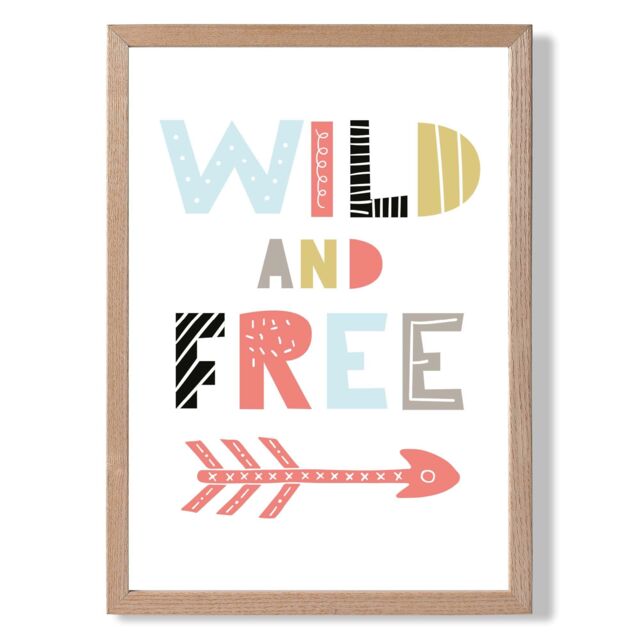 ARTZE Wild & Free Scandi Quote Framed Print SIZE: A4 with Oak Frame in Pale Blue - image 1