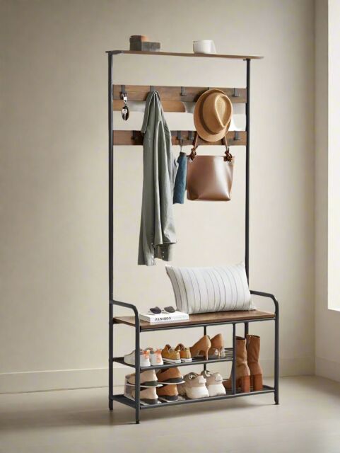 Modcraft Industrial Coat Tree with Shoe Storage Bench - 9 Hooks & Rustic Brown - Size: Large - image 1