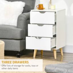 HOMCOM Bedside Tables Nightstand w/ 3 Drawers Pine Legs Set of 2, White - thumbnail 5
