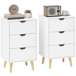 HOMCOM Bedside Tables Nightstand w/ 3 Drawers Pine Legs Set of 2, White - thumbnail 2