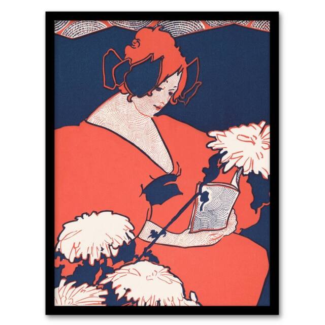 Artery8 The Penny Magazine Cover Woman Reading Framed Wall Art Print Ethel Reed in Red - Size: A4 - image 1