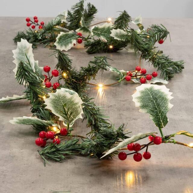 Marco Paul 2m Holly & Berry Pre Lit Christmas Garland With Lights in Green - image 1