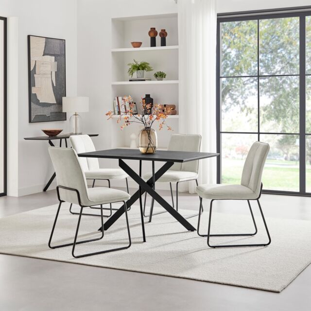 FurnitureboxUK Leonardo Black Top Dining Table & 4 Halley Dark Grey Fabric Chairs in Cream - image 1