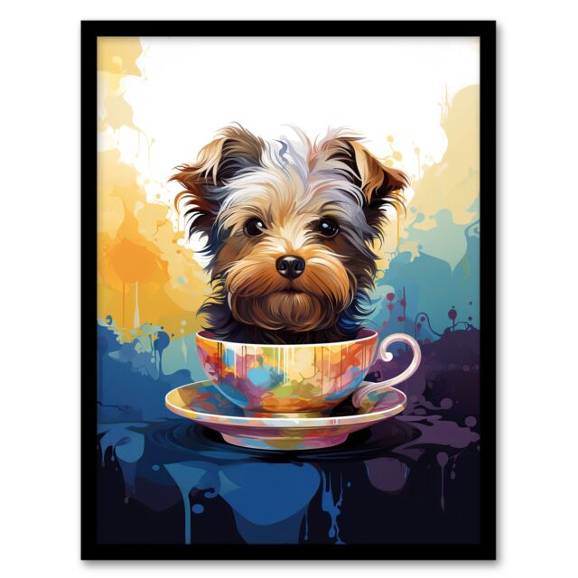 Artery8 Wall Art Print Tea Cup Yorkshire Terrier Dog Lover Gift Pet Portrait Blue Purple Orange Artwork Painting Art Framed - Size: A4 - image 1