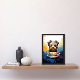 Artery8 Wall Art Print Tea Cup Yorkshire Terrier Dog Lover Gift Pet Portrait Blue Purple Orange Artwork Painting Art Framed - Size: A4 - thumbnail 4
